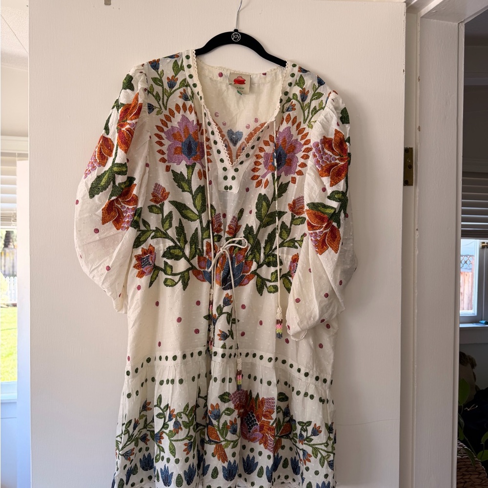 FARM Rio Floral Embroidered Midi Dress - White, Red, Green